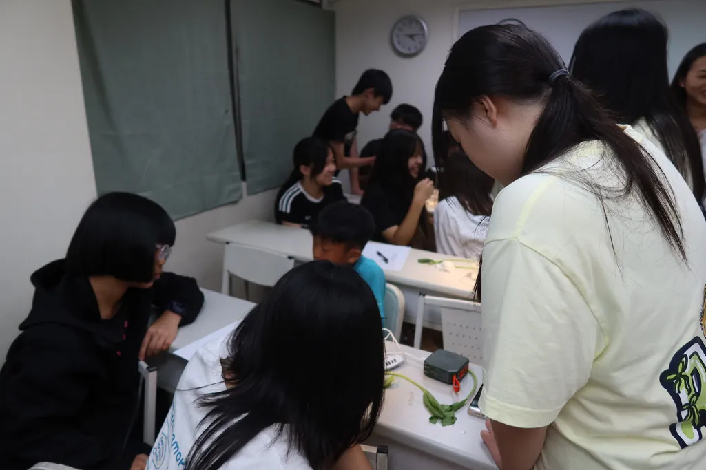 A team member leaning over junior high students at their desks during the leaf-disk experiment.