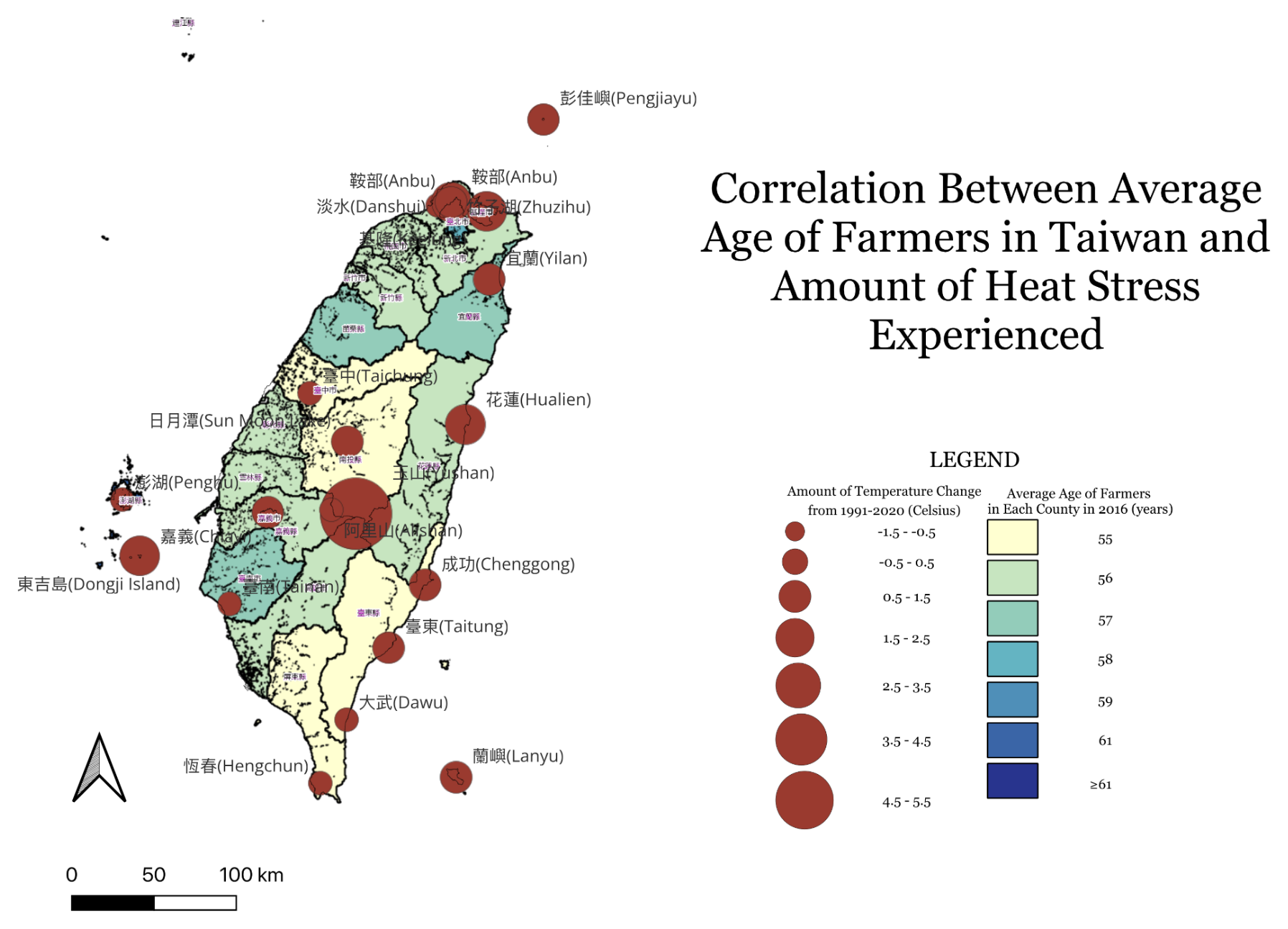 Map of Taiwan titled Correlation Between Average Age of Farmers in Taiwan and Amount of Heat Stress Experienced. Counties are shaded by average farmer age in 2016, from 55 years in pale yellow to 61 and over in dark blue, overlaid with dark red circles at weather stations sized by temperature change from 1991 to 2020.
