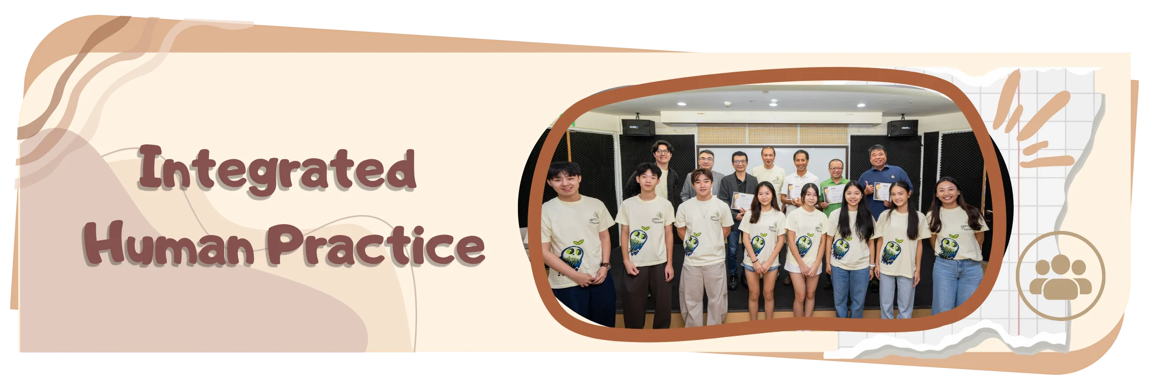 Integrated Human Practices. The team in matching ReLEAF shirts stands in a hall with a row of experts and farmers, two of them holding certificates.