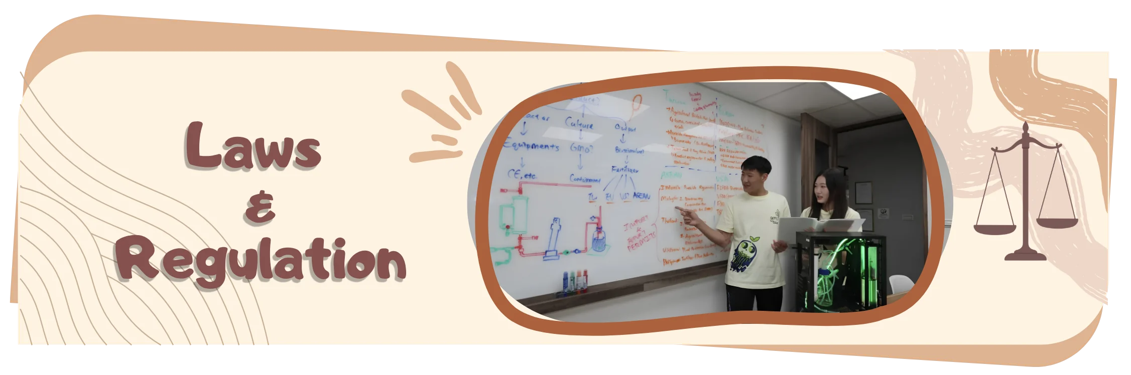 Laws and Regulation. Two team members stand at a whiteboard covered in a hand-drawn regulatory flow chart, one pointing at it while the other reads from a laptop.