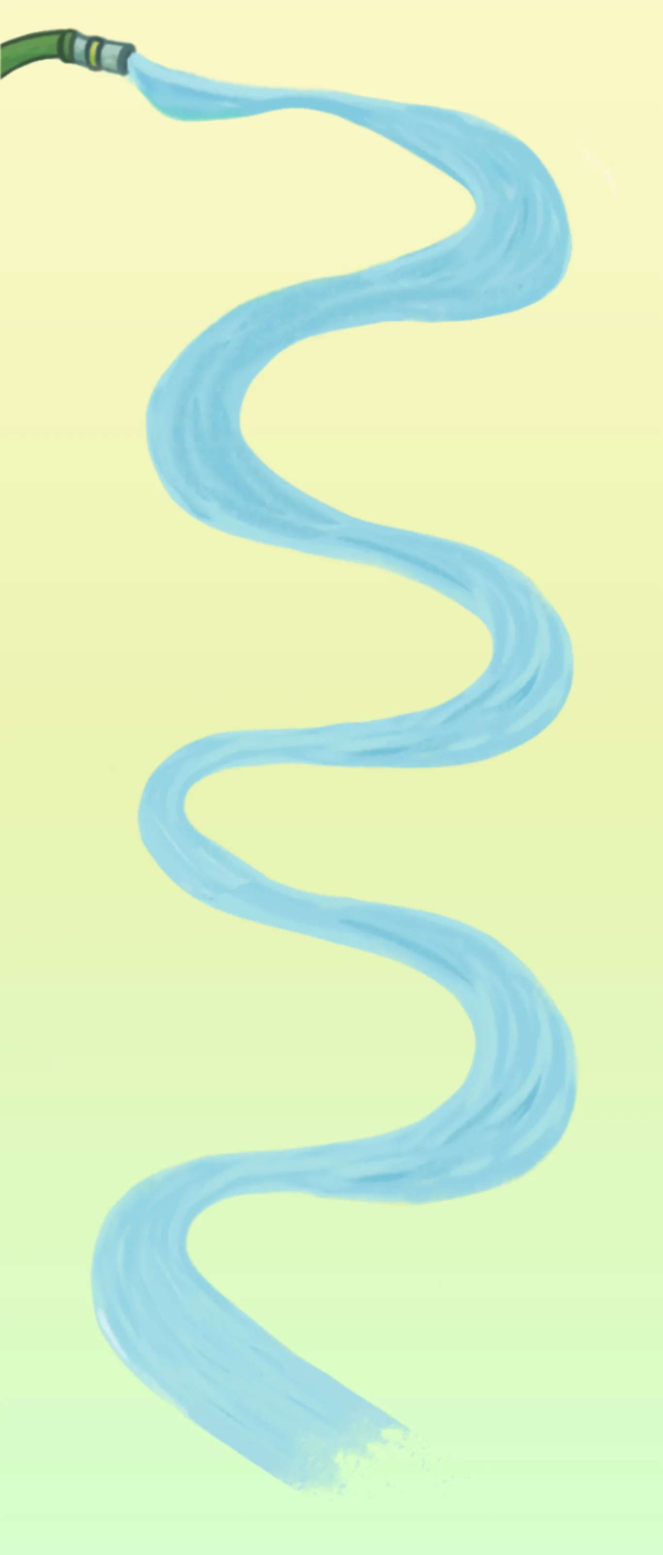 A hand-drawn river pours from a garden hose at the top of the page and winds down it in six bends to the ReLEAF logo at the foot. The team mascot rides the water at the start and again halfway down. Beside the river sit soil bacteria under a seedling, a bioreactor, a petri dish, students talking with experts, a chart on a screen, and students talking with farmers.