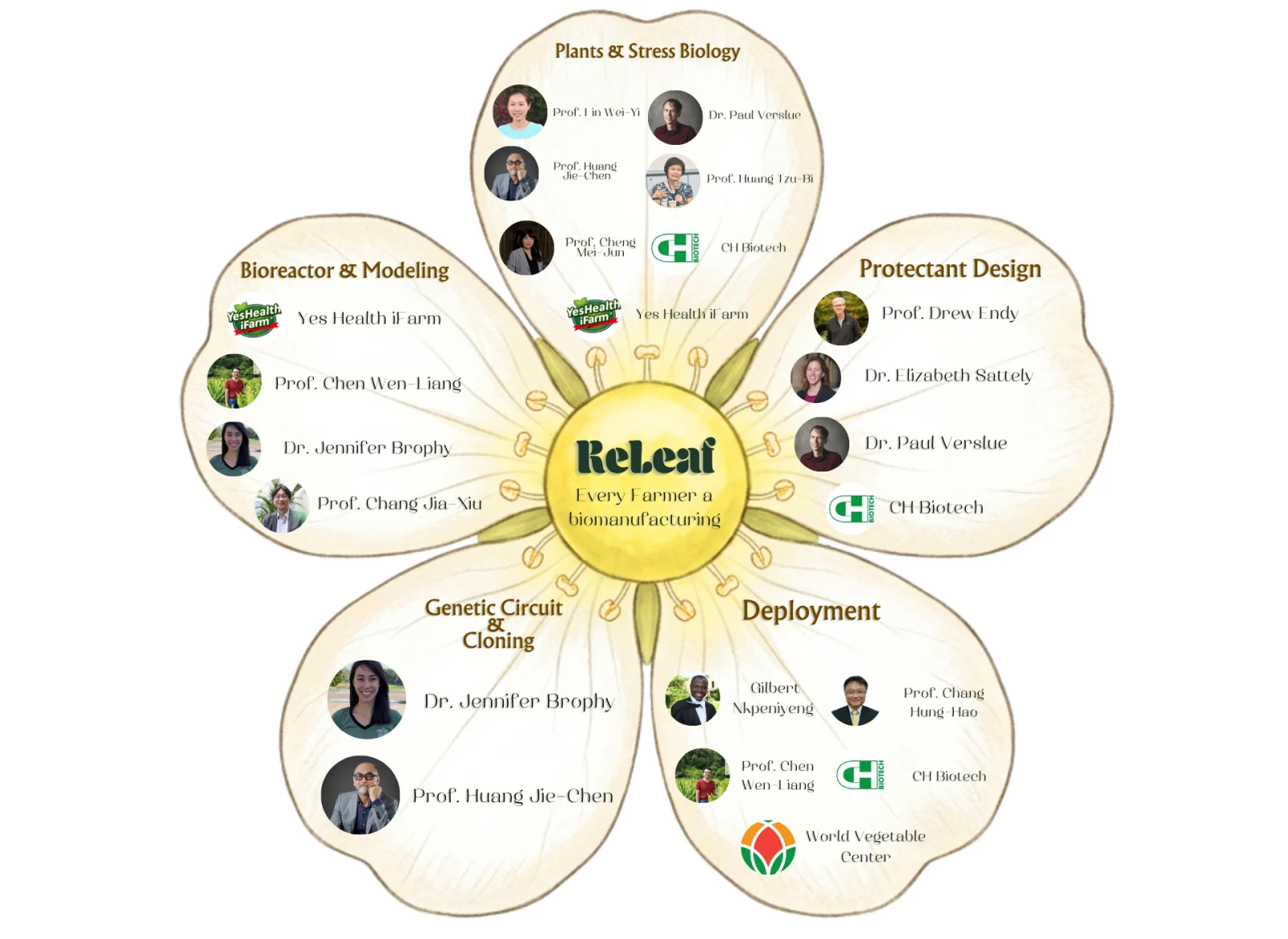 A five-petalled flower with ReLEAF at its centre. Each petal is one domain &mdash; plants and stress biology, protectant design, bioreactor and modeling, genetic circuit and cloning, deployment &mdash; and carries the portraits and names of the experts and organisations consulted in it.