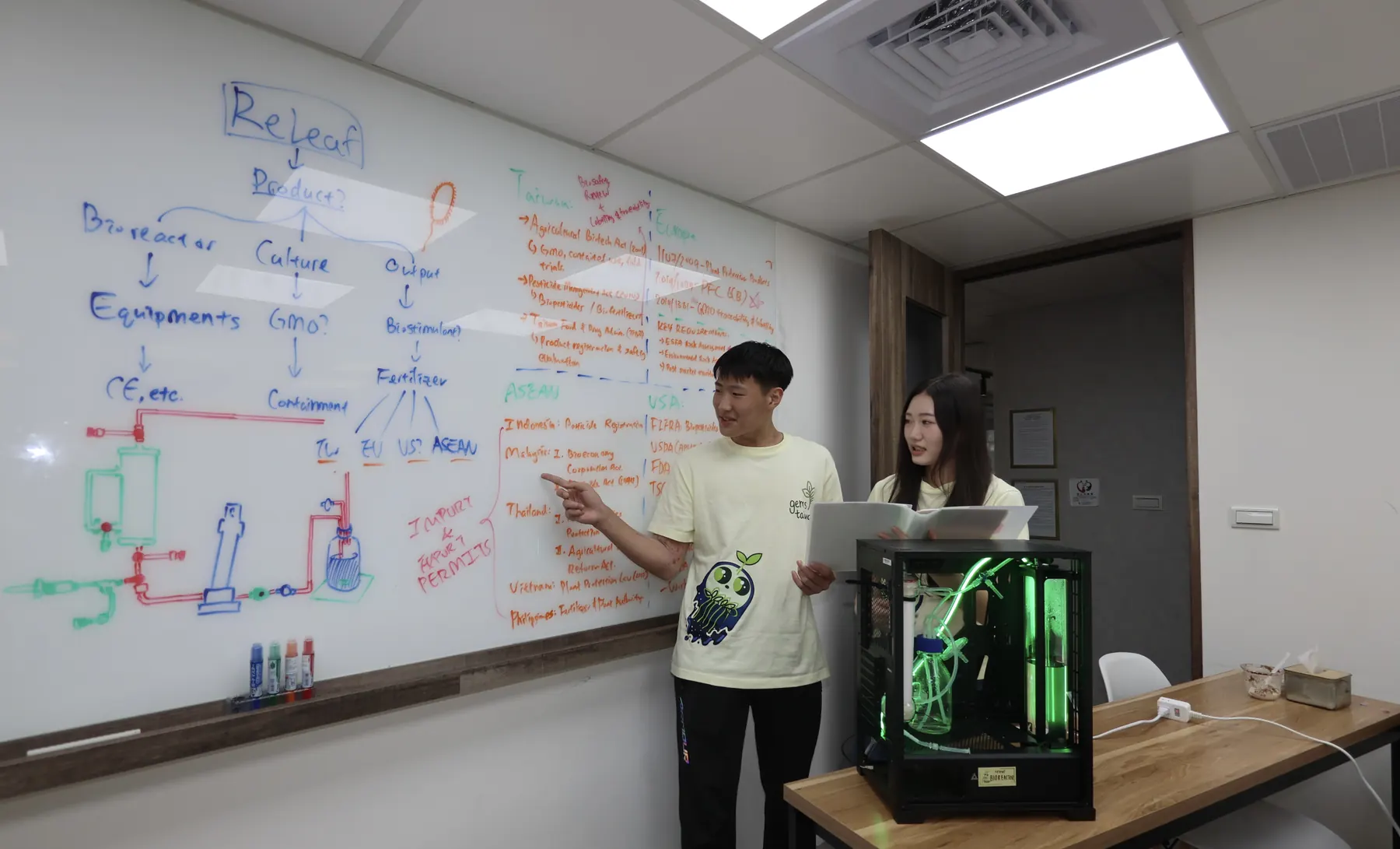 Two team members in ReLEAF shirts stand at a whiteboard covered in a hand-drawn map of the regulations for the bioreactor, the culture and the output; the prototype bioreactor sits on the table beside them.